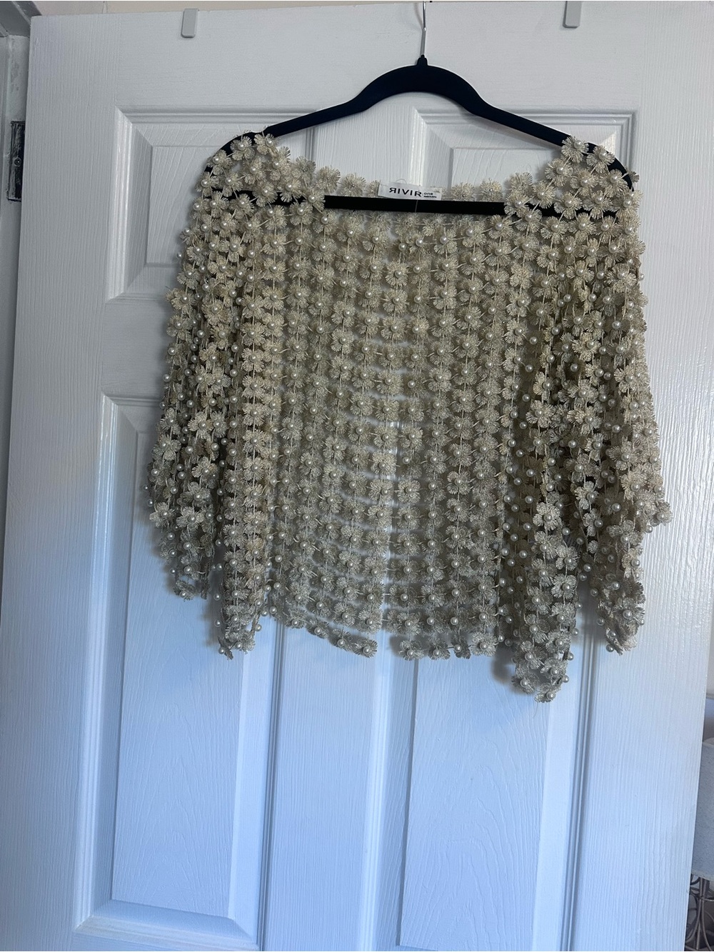 RIVIR  Embellished Crochet Shrug in Cream